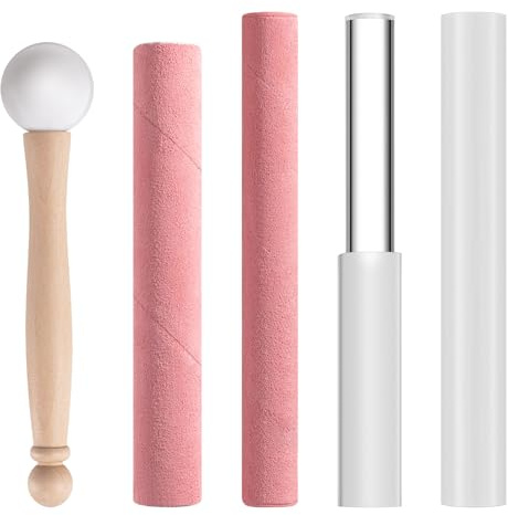 Nuanchu 5 Pcs Crystal Singing Bowl Mallet Set Includes Sheepskin Solid and Hollow Sound Sticks Singing Bowl Rubber Mallet with Wood Handle Clear Acrylic Striker for Playing (Pink)