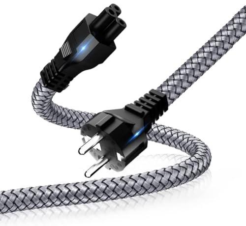Goalfish Stromkabel 3-polig 1m, Schutzkontakt Typ F auf C5 Buchse, Nylon | Netzkabel Kleeblatt Micky Maus Laptop Kabel, VDE Zertifiziert, für TV, Monitore, Laptops, Notebooks, Netbooks, Netzteile etc