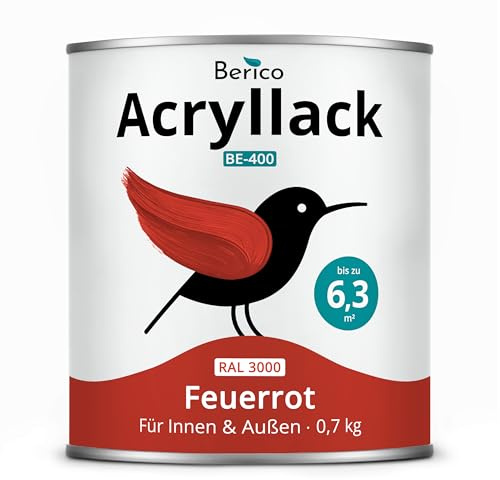 Berico Acryllack - Feuerrot - 0,7 Kg - 4in1 Lack Buntlack Möbelfarbe Möbellack - Für Innen und Außen - Holz, Möbel, Metall & Fliesen