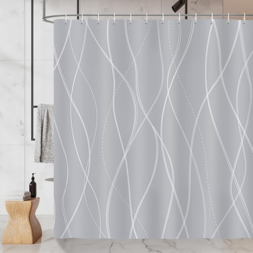 COZZSNUGE Duschvorhang 180 x 180 cm Grau und Weiß Streifen, Gestreift Moderne Duschvorhänge Anti-schimmel Wasserdicht Polyester Stoff Badvorhang mit 12 Duschvorhangringen