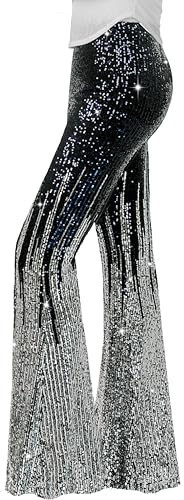 Nawgut Damenhose mit glitzernden Pailletten, ausgestellt, hoher Bund, weites Bein, Partyhose