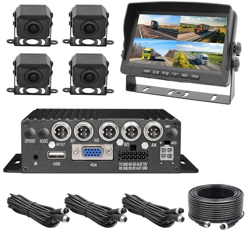 4 Channel 1080P H.265 Dual 512 GB MDVR Mobile DVR System Loop Recording Parking Assistance with 7 VGA Monitor and 4pcs 1080P HD Night Vision Waterproof Tront Sides BackupTruck Cameras for Truck RV