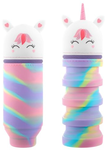 2 Stück Federmäppchen Einhorn Mädchen, 2-in-1 Kawaii Federmäppchen mit Reißverschluss, Silikon Faltbar Schulmäppchen Stand Up Cartoon Federtasche für Jungen Mädchen Kinder Schulbedarf (Tarnweiß)