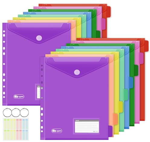Agoer Pochette Classeur A4+ avec Index, 16 Pochettes [ouverture supérieure] Porte-documents A4 à Classer, 8 Pochette Plastique Colorée avec 11 Bord Perforés,Fermeture à Scratch,Pochette pour étiquette