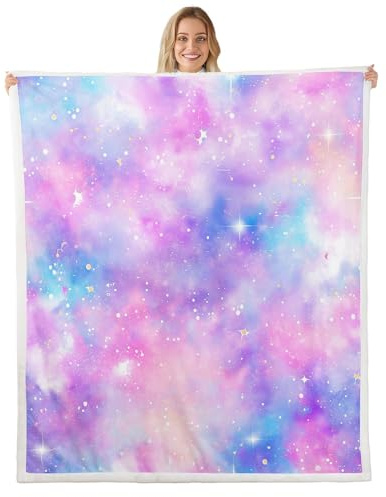 Homemissing Galaxy Decke 150x200cm Außenraum Wohndecke Universum Wolke Galaxie Glitter Stern Druck 3D gedruckt Raum Kuscheldecke für Couch Lila Flanell Fleecedecke Weich