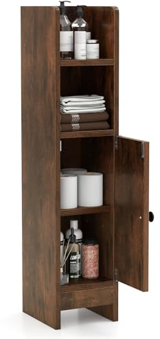 LIFEZEAL Armario de Baño Estrecho de Esquina (Marrón Rústico) | Mueble Organizador Compacto con Puerta Cerrada y Estantes Ajustables