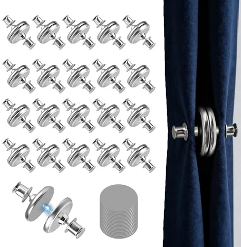 20 Pairs Magnetic Curtain Clips with 20Pairs Self-Adhesive Patches, No-Drill Curtain Magnet Closure Clips for Bedroom Bathroom Office Curtains, Strong Hold Shower Curtain Clips to Wall