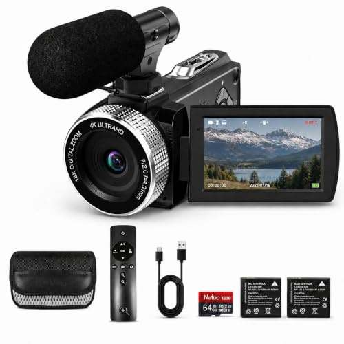 4K Video Camera Camcorder with Autofocus, 48MP Vlogging Camera for YouTube, 18X Digital Zoom, 3.0 Rotatable Touchscreen, LED Fill Light, External Microphone, 64GB Card, Remote Control & 2 Batteries