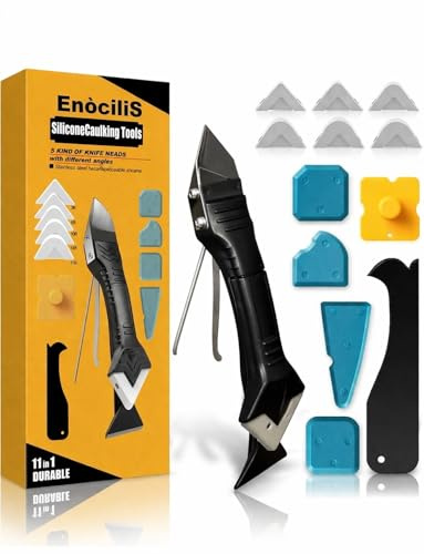 EnociliS Caulking Tool Set 11 in 1, with Grout Scraper and Sealant Finishing Tools, 5 Knife Heads Finishing Tool with Stainless Steel Head, Scraper for Bathroom, Kitchen, Windows Caulk Remover