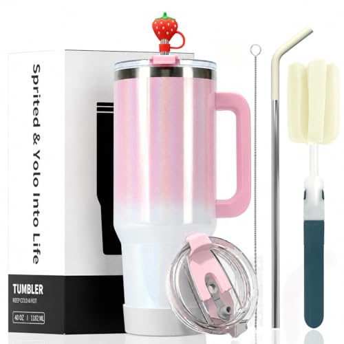 LeuKoles Watersy-termosmugg på 40 oz med handtag och sugrör, dubbelväggig rostfritt stål kaffemugg to Go (34 timmar kallhållande), vakuum dryckesbägare för te, kalla drycker och kaffe (rosa