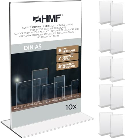HMF 46921 Soporte de Sobremesa recto de Acrílico | 10 Piezas | DIN A5 Vertical | Transparente