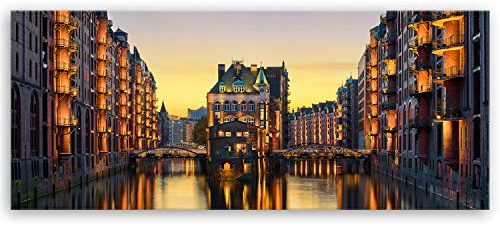 ge Bildet Bild auf Leinwand | Wasserschloss in der Speicherstadt - Hamburg D in 120x50 cm als Panorama Wandbild XXL | Wand-deko Dekoration Wohnung modern Bilder | 2211