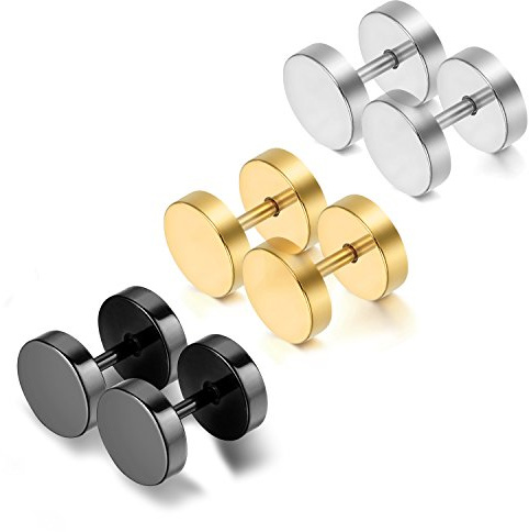 Cupimatch Pendientes Mancuerna Mujer Hombre: Aretes Plata Oro Negro Acero Inoxidable Falsos Plugs Falsos Túnel 3 Pares - Regalos de Cumpleaños Joyas Navidad San Valentín