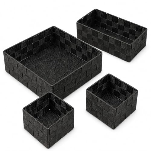 Aufbewahrungskorb 4er Set Silkkorb Schwarz geflochtene Körbe aus Polypropylen mit Metallrahmen Badkorb, Regalkorb, Dekokorb, Ordnungskorb für Bad, Küche, Büro & Schlafzimmer, 1xGroß, 1xMittel, 2xKlein