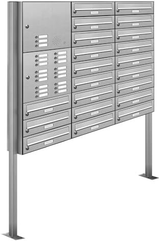 AL Briefkastensysteme 21er V2A Edelstahl Stand Briefkasten mit Klingel rostfrei als 21 Fach Briefkastenanlage DIN A4 in Postkasten Design modern