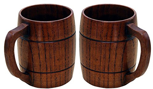 Wooden Beer Mug, Retro Wood Tea Cups Drinking Mug with Handle Wood Tankard Beer Mug (2pcs)