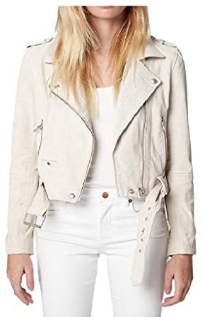 [BLANKNYC] Women's Luxury Clothing Cropped Suede Leather Motorcycle Jacket, White Sand, S UK