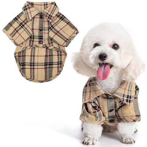 PUPTECK Plaid Dog Shirt, Cute Puppy Cat Polo T-Shirt, Soft Pet Clothes Boy Girl Outfit for Small Medium Dogs, Costume S