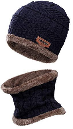 MengH-SHOP Kinder Wintermütze Winterschal Warme Strickmütze und Kreis Schal Set im Freien Schal Beanie Skull Cap für 5-12 Jahre Jungen Mädchen, Navy Blau
