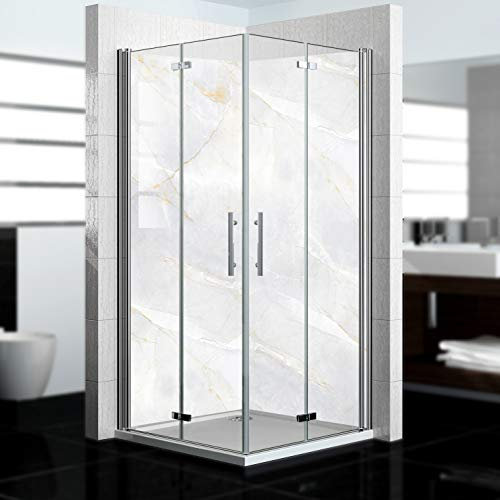dedeco Eck-Duschrückwand wasserfest mit Marmor Motiv UV-Lack glänzend - 2 x 90x200 cm, als Badrückwand zum Fliesenersatz, als Dekorwand, Wandverkleidung und Duschplatte aus Aluminium - Made in Germany