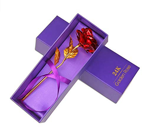 24K Or Eternelle, Fleur Rose Artificielle Gold avec boîte Cadeau, Cadeaux Romantiques pour la Saint-Valentin, la Fête des Mères, Anniversaire (Rouge)