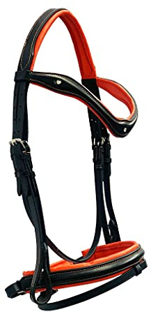 Astile Equestrian Leather Horse Bridle Black With Orange Padding Horse Bridle Dressage With Bling Browband And Matching Free Reins (PONY)