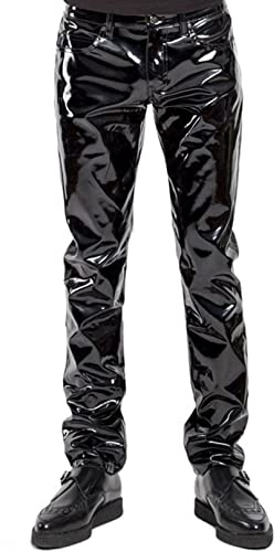 Agoky Herr motorcykel läderbyxor svarta långa byxor leggings smal passform stretchbyxor wetlook herr glans klubbkläder M-XL, Svart D, M