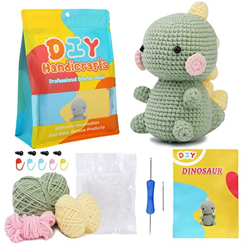 Kuppt Häkelset für Anfänger, Häkeltiere Set, Strickset mit Häkelnadeln, Garn, Schritt für Schritt Anleitungsvideo, Häkelset für Anfänger Erwachsene, DIY-Handwerkskunst (Dinosauria)