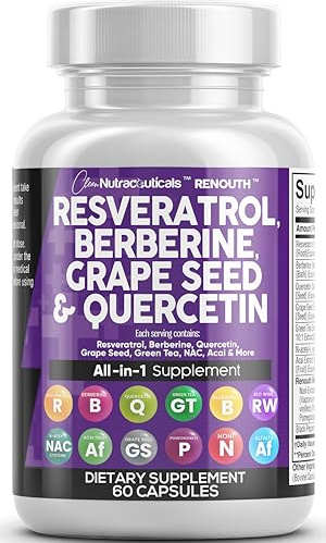 Clean Resveratrol Supplement | Berberine Grape Seed Extract Quercetin Green Tea Extract Acai Noni Polyphenol Supplement for Women & Men N-Acetyl Cysteine