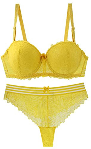 Necalisi Bra Lingerie Sets Yellow Lingerie for Women Floral Lace Bra with Embroidery Bra with Half Cup Bra and Knickers Set (Underwire Lingerie Set) Comfort Bra 95D