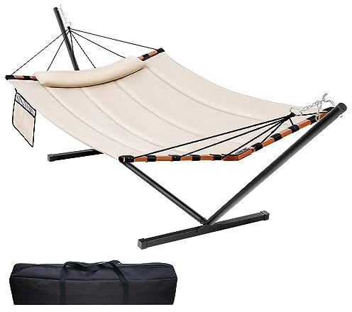 TegerDeger Hängematte für 2 Personen mit Ständer, 40 x 200 cm, große Hängematte, 204 kg Kapazität, mit Hartholz-Spreizstange und Nylonseil für draußen, Terrasse, Garten, Hinterhof, Strand, Pool, Beige