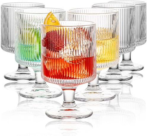 wookgreat Vintage Wine Glasses Set of 6, 8 oz Origami Style Glass Water Goblets, Unique Embossed Pattern Stemmed Cocktail Glasses, Classic Goblet Party Glasses, Wine Glasses Goblets for Daily Use
