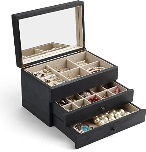Meangood Schmuckkästchen-Organizer für Damen, 3-lagig, große Schmuckaufbewahrung, rustikale Holz-Schmuckschatulle mit Spiegel und Ringablage für Halsketten, Ohrringe, Armbänder, Ringe, Vintage-Stil,