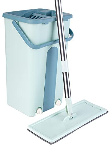 Serpillère Seau Essoreur, Serpillière Plat Rotatif 360° avec Seau Double Compartiment Humide à Sec, Balai Microfibre et Seau Essoreur, Vadrouille pour Divers Planchers (Vert)