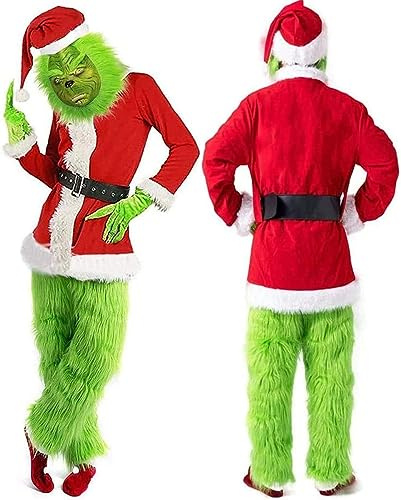 NSASL 7-teiliges Weihnachtskostüm For Erwachsene,Grinch Deluxe Weihnachtsmann-Kostüm Mit Maske Weihnachtstag Party Kostüm Ball Cosplay (Color : A, Size : 3XL)