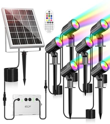 CLY Solarlampen für Außen, Solar Strahler RGB Gartenleuchte mit Fernbedienung IP66 Wasserdicht 10 Farben 30 Dynamische Modi Timer Gartenbeleuchtung für Gärten Pfad Weihnachten Halloween