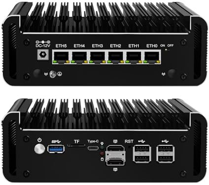 PeeliCeeli N100 Mini PC Firewall Support Windows OPNsense, Fanless Micro Ordinateur DDR5 8 GB RAM 128 GB NVMe SSD N100 12th Gen Router PC, 6 x 2.5GbE I226V LAN, 4K, AES-NI, TF, Type-C