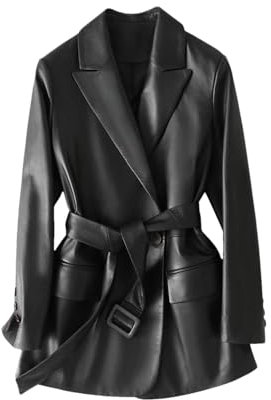 Lammfell Blazer Jacke Frauen Zweireiher Gürtel Echtes Leder Jacken Schaffell Jacke, Schwarz , 46