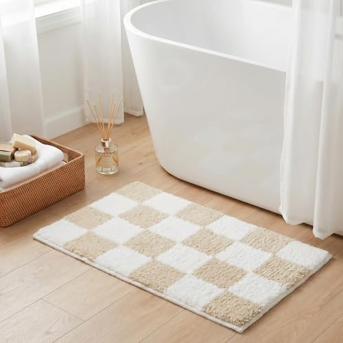 Tititex Lujosa alfombra de baño a cuadros color blanco crema, 50.8 x 81.3 cm, diseño clásico de tablero de ajedrez extra suave y absorbente, tapete de baño de felpa antideslizante para el suelo del