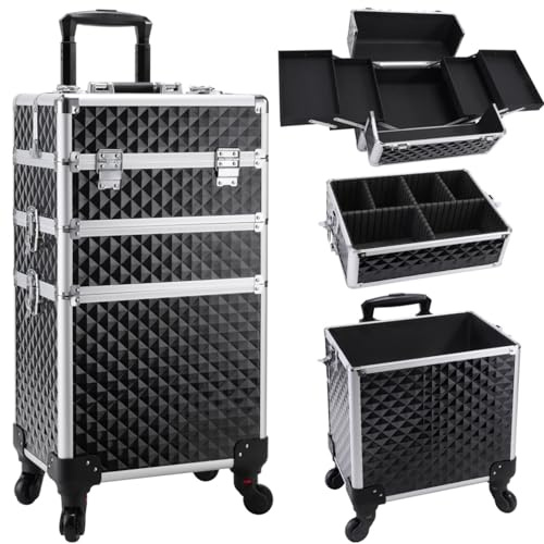 Faquenc Cosmetology Case on Wheels 3 in 1 Rolling Makeup Train Case Nail Tech Makeup Organizers Storage Cart Cosmetic Trolley Travel Barber Suitcase for Make up Artist Manicure Hair Lockable, Black
