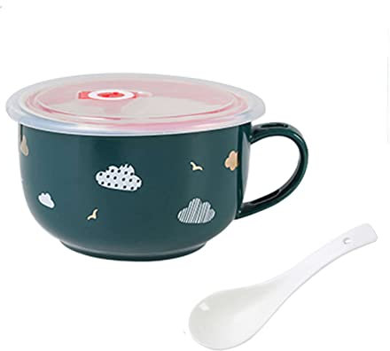 Keramische Ramenschalen, Porzellanschalen for Suppe, Suppentassenschalen, Instant-Nudelschüssel, dunkelgrüne Keramik-Suppenschüssel mit Deckel, 18 x 14,5 x 9 cm (Farbe: Stern). ( Color : Green , Size