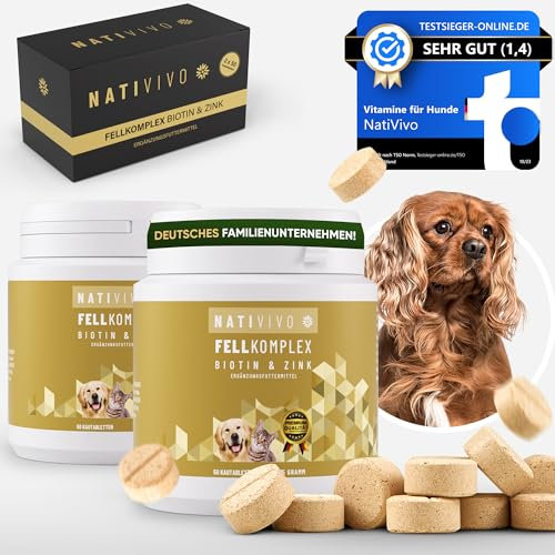 NatiVivo Biotin + Zink für Hunde Haut & Fell Premium Fellpflege-Komplex für glänzendes Fell & Vitale Hautfunktion 2 x 50 Tabletten hochdosiert Unterstützt Haut & Fell Made in Germany