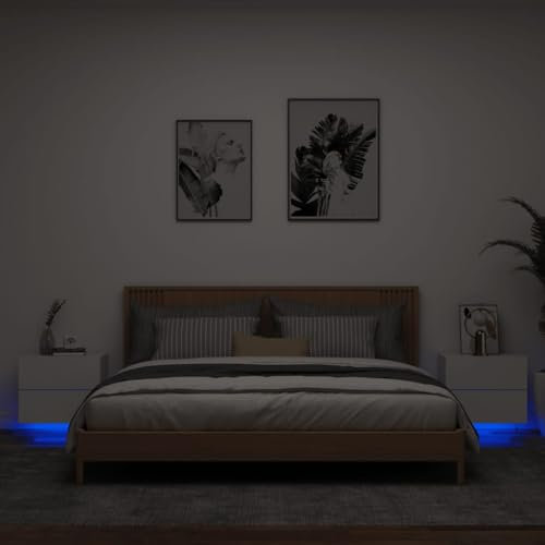 Festnight Nachttisch Hängend mit LED Beleuchtung Wandregal mit Schublade Nachtschrank Hängeschrank Modern Wand Nachtkommode Wandschrank 2er Set Wandboard Wandschublade Weiß