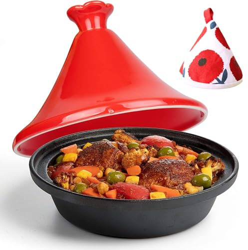 WXFKLDJ Tajine-Kochtopf Aus Gusseisen, 4 Qt, Tajine-Kochtopf, Emaillierter Keramikdeckel – 500 F Ofenfestes Gericht Mit Kegelförmigem Deckel Mit Großem Fassungsvermögen, Hochwertiges Kochgeschirr