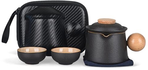 fanquare Juego de Té de Porcelana Juego de Té de Viaje Mini Portátil Negro Tetera de Kung Fu China con Infusor Bolsa de Almacenaje para Exteriores
