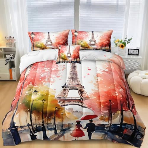 MOVE OVER Paris Bettdecken-Set Queen Eiffelturm Tröster 4-teilig französischer Stil Paar Liebhaber Bettwäsche Set weiche Mikrofaser Ölgemälde Stil Rosa Paris Stadt Straße Daunen Alternative