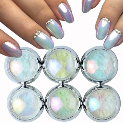 VEOIRXU 6 Pearl Chrome Nail Powder Pearl Shimmer Nagel Chrome Pulver with Mirror Effect, Metallic Mirror Pearl Holographic Pigment Chrome Puder Nägel für Glazed Donut Nail