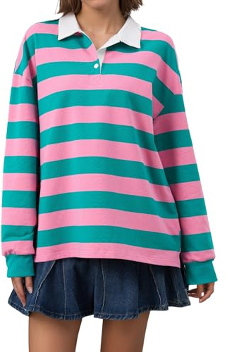 Meladyan Womens Striped Polo Sweatshirt Oversized Long Sleeve Lapel V Neck Pullover Shirt Loose Fit Collar Y2K Streetwear Blouses Pink-Green