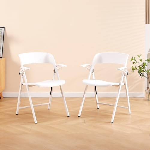TAO ONE Weißer Bürostuhl mit Armlehnen, Kunststoff-Klappstühle, komfortabel, stapelbar, Esszimmerstühle, tragbarer Klappstuhl mit Stahlrahmen für drinnen, draußen, Hochzeit, Party, Rasen, Hof, Strand,