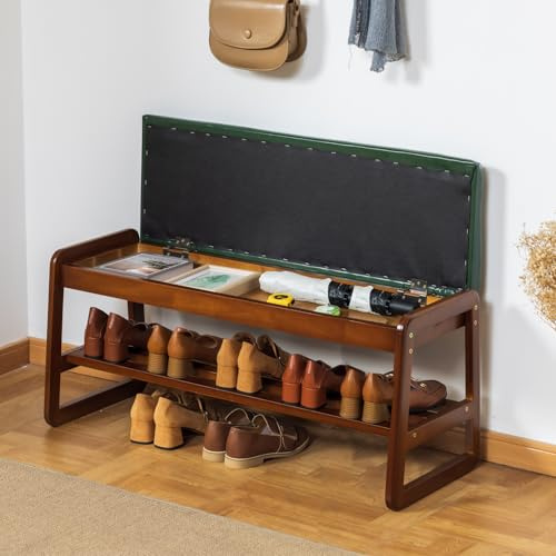 SOBIBO Solid Wood Shoe Bench, 2-Tier Entryway Bench with Cushion and Flip-Open Storage Box, Mid-Century Modern Shoe Bench Rack for Hallway, Mudroom(Green, 100cm, 39.4inches) | Mid-Century Modern, Flip-top Hidden Storage, Faux Leather Cushion, 600lb Capacity, Ideal for Entryway, Hallway, Bedroom